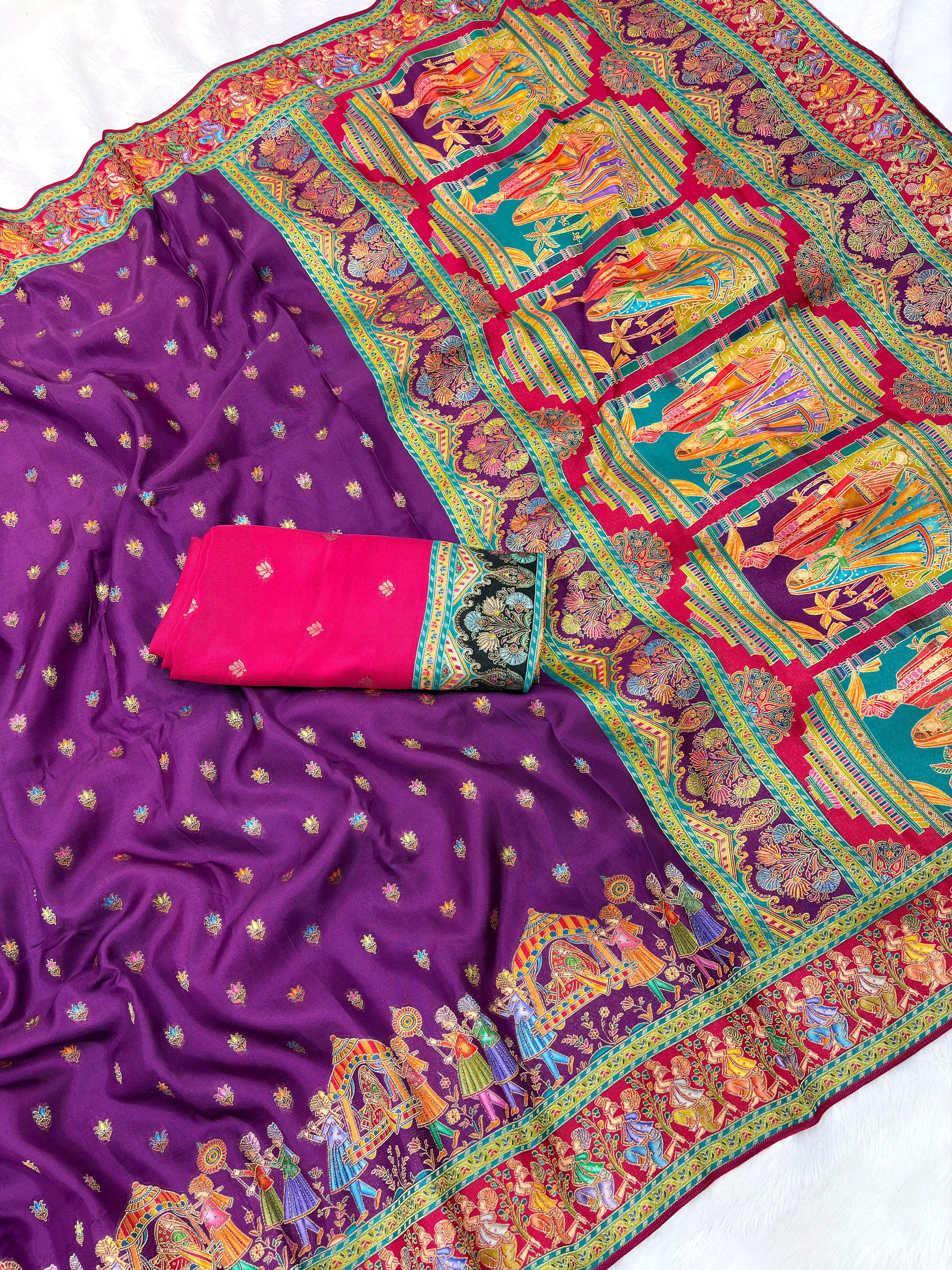 Lavender Pure Viscose Silk Meenakari Zari Weaving Wedding Saree