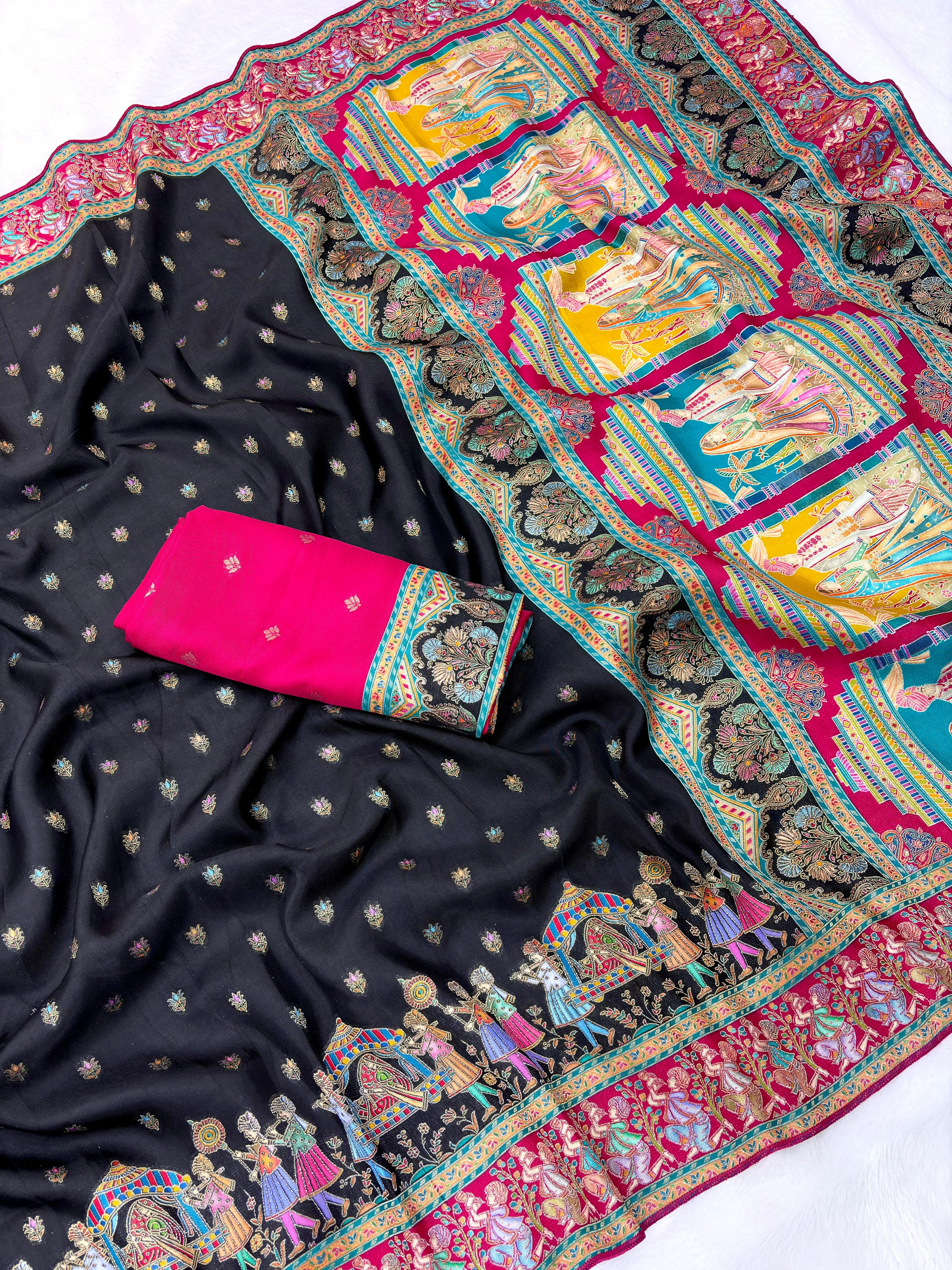 Black Pure Viscose Silk Meenakari Zari Weaving Wedding Saree