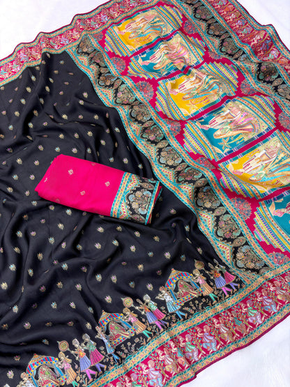 Black Pure Viscose Silk Meenakari Zari Weaving Wedding Saree Kanjivaram Saree Anant Tex Exports Pvt.Ltd..