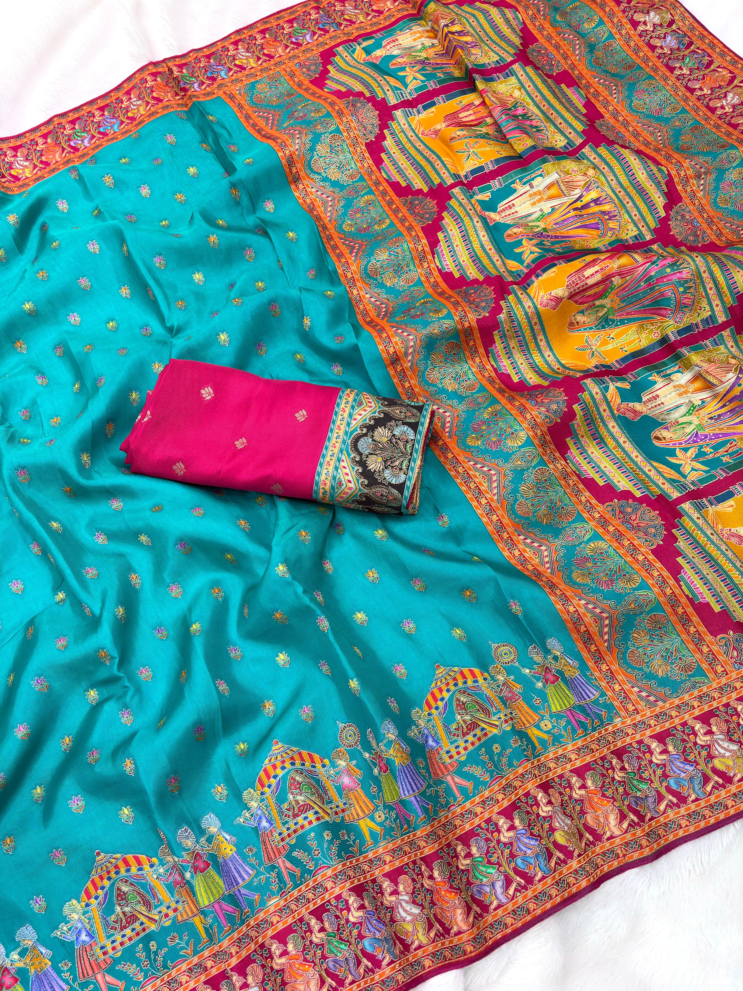 Sky Pure Viscose Silk Meenakari Zari Weaving Wedding Saree