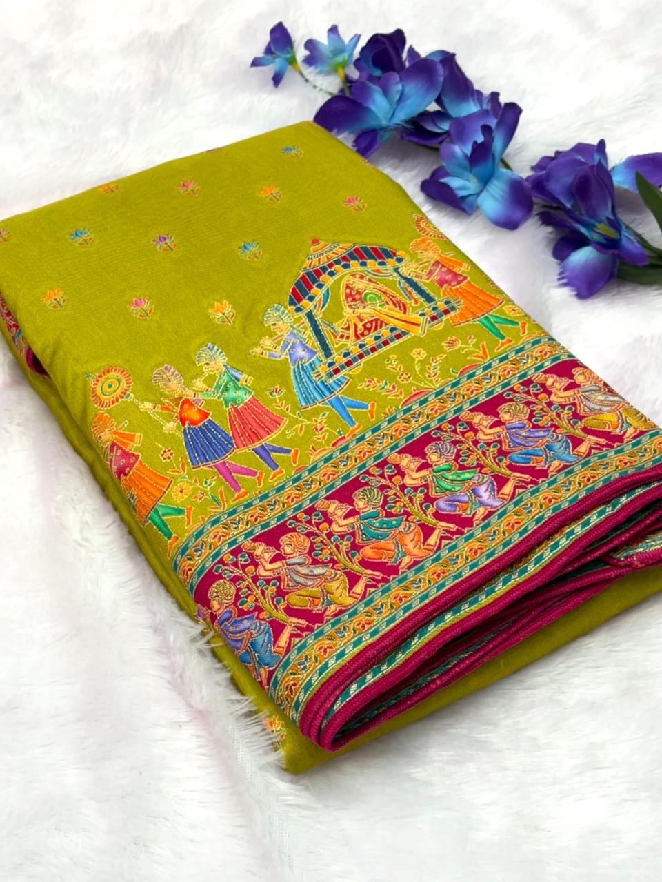 Mahendi Green Pure Viscose Silk Meenakari Zari Weaving Wedding Saree