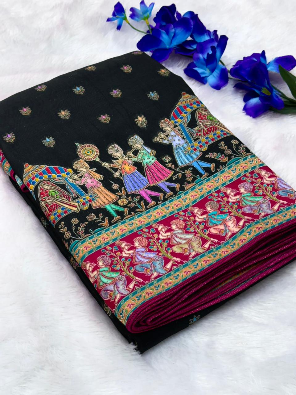 Black Pure Viscose Silk Meenakari Zari Weaving Wedding Saree