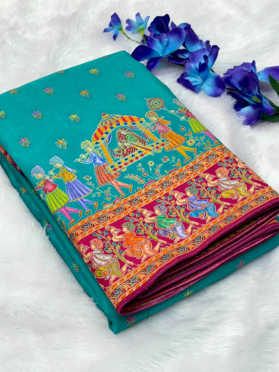 Sky Pure Viscose Silk Meenakari Zari Weaving Wedding Saree