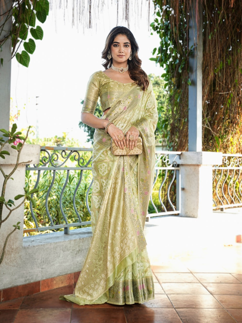 Green Pure Organza Silk Bandhani Patola Organza Saree