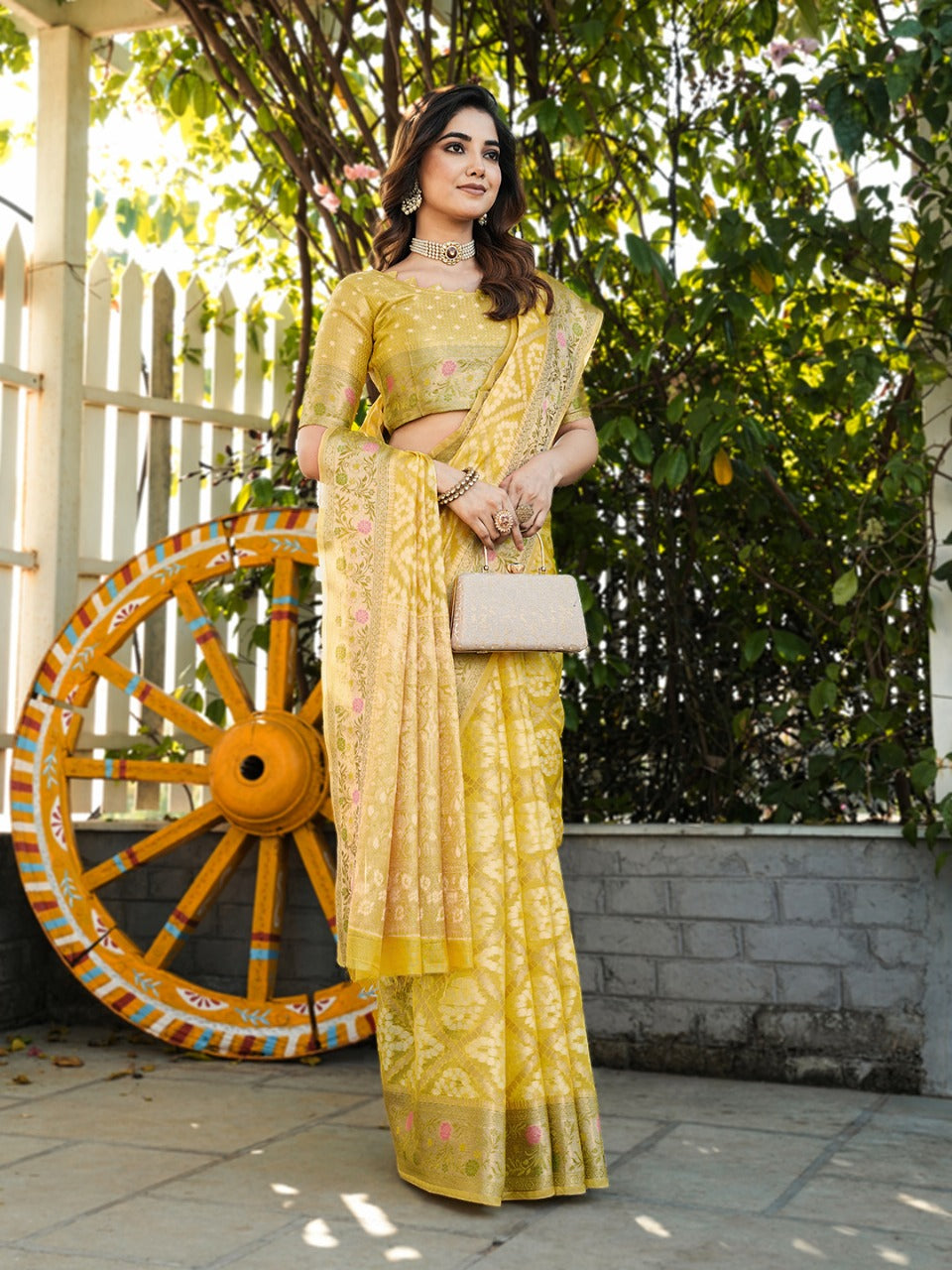 Yellow Pure Organza Silk Bandhani Patola Organza Saree