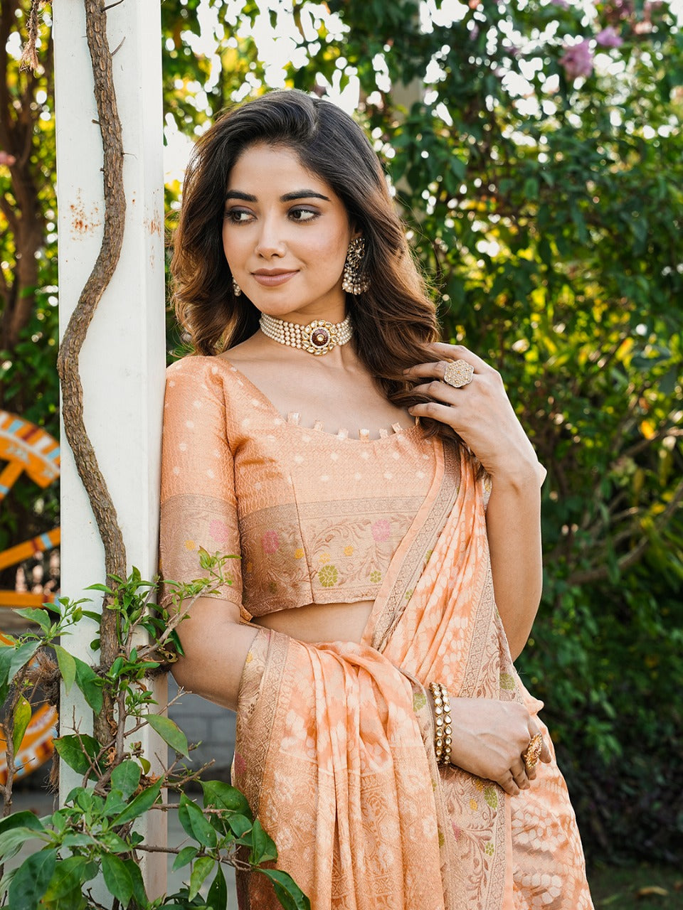 Peach Pure Organza Silk Bandhani Patola Organza Saree