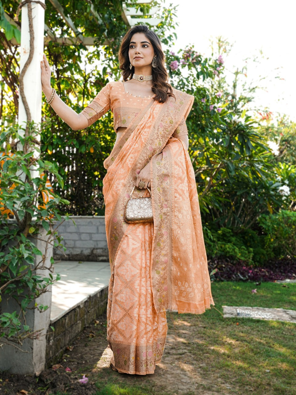Peach Pure Organza Silk Bandhani Patola Organza Saree