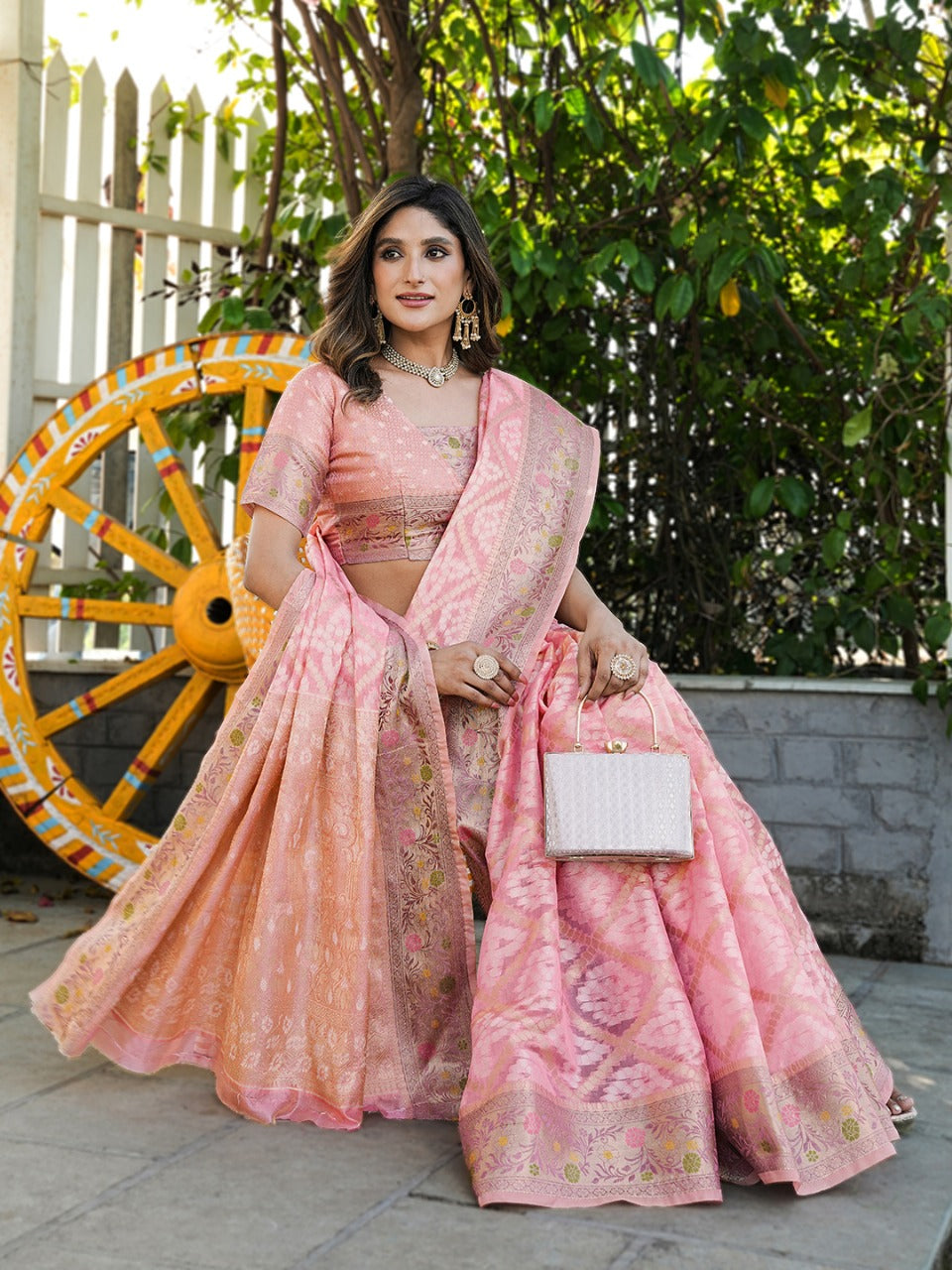 Pink Pure Organza Silk Bandhani Patola Organza Saree
