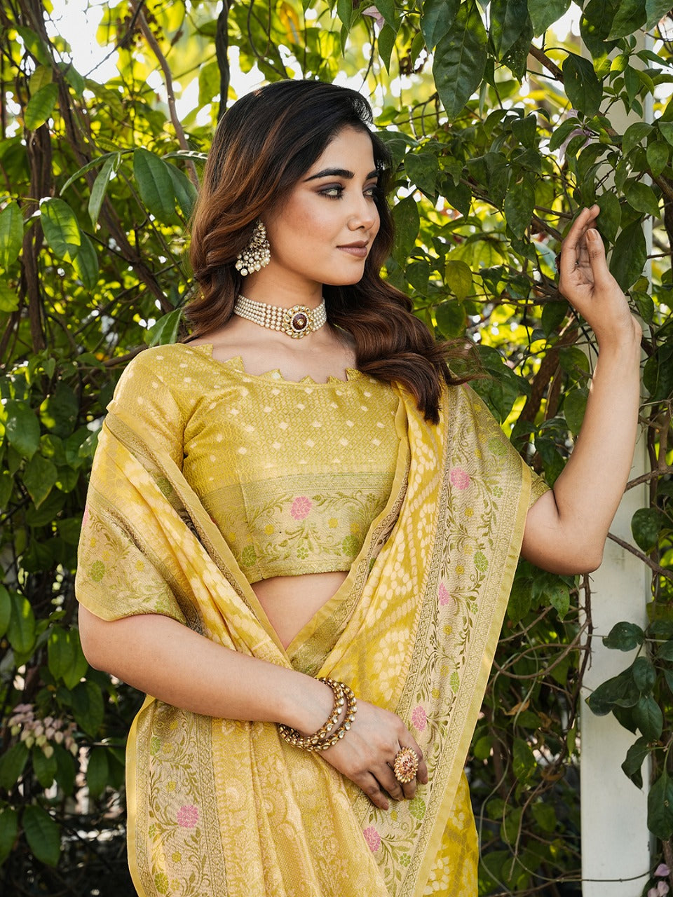 Yellow Pure Organza Silk Bandhani Patola Organza Saree
