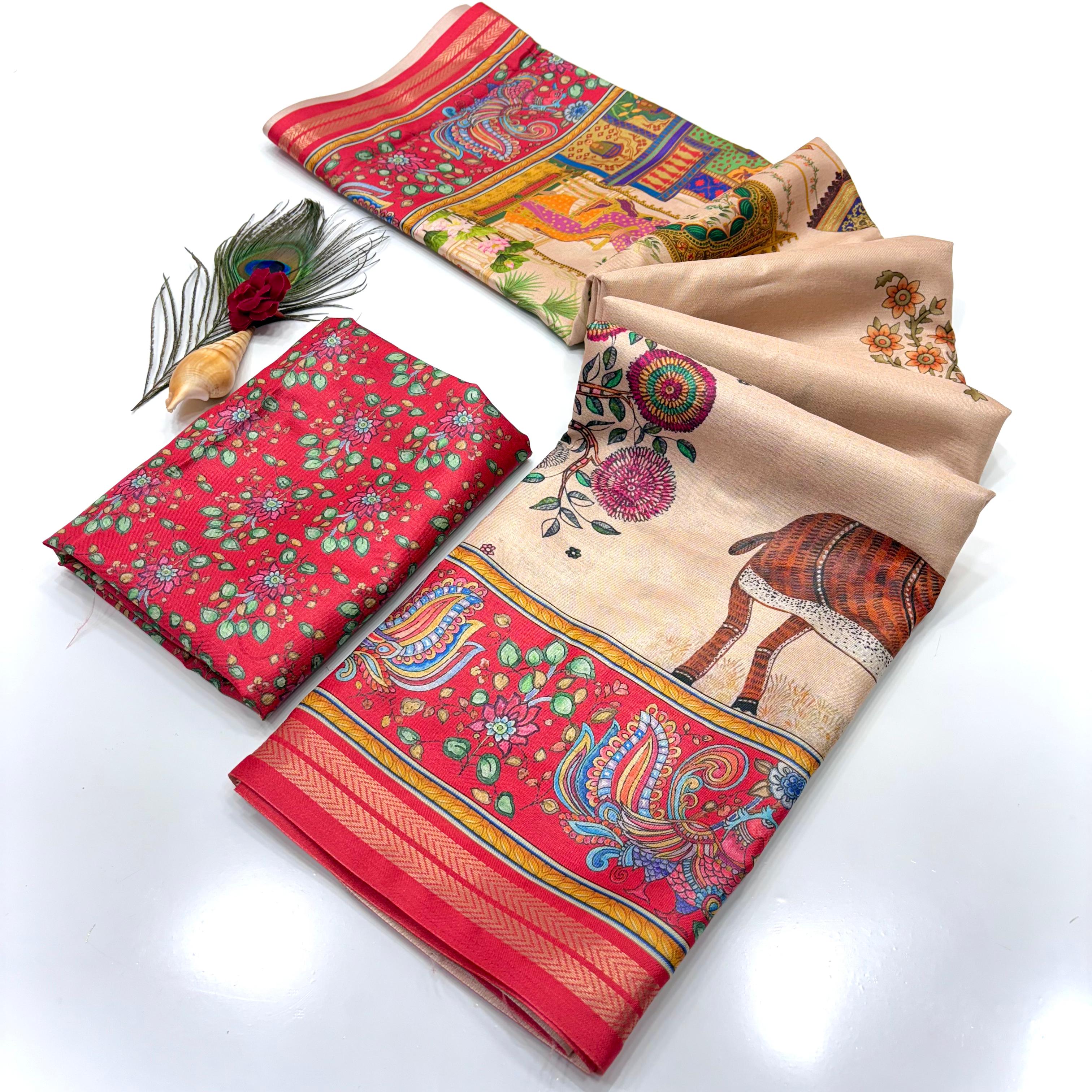 Red Soft Tussar Silk Pattachitra Traditional Printed Zari Tussar Saree