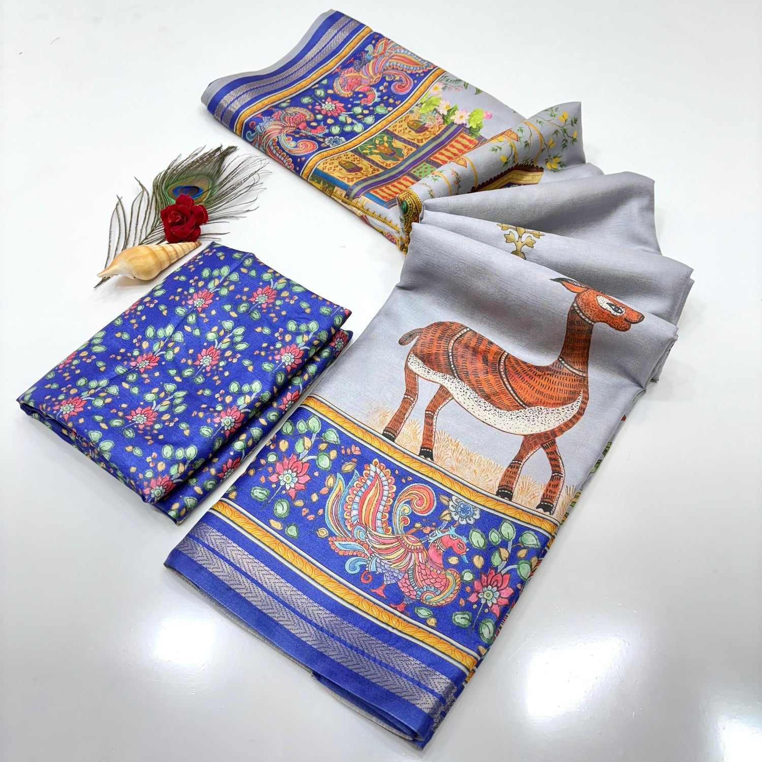 Blue Soft Tussar Silk Pattachitra Traditional Printed Zari Tussar Saree Tussar Saree Anant Tex Exports Pvt.Ltd..