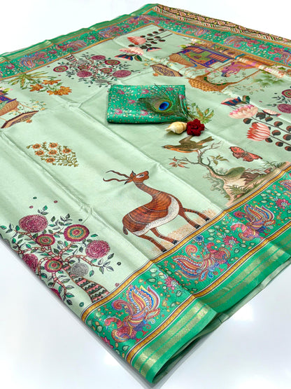 Sea Green Soft Tussar Silk Pattachitra Traditional Printed Zari Tussar Saree Tussar Saree Anant Tex Exports Pvt.Ltd..