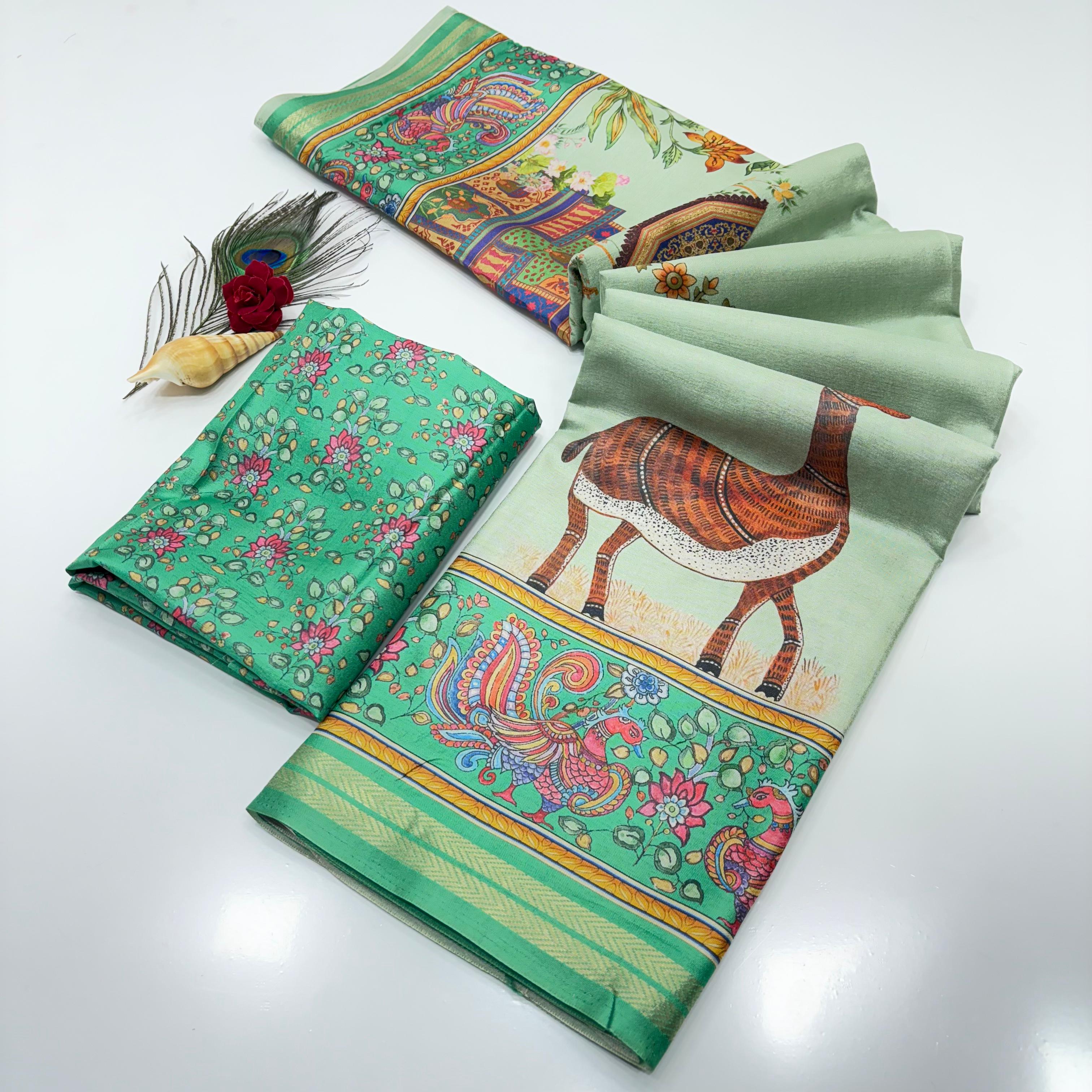 Sea Green Soft Tussar Silk Pattachitra Traditional Printed Zari Tussar Saree Tussar Saree Anant Tex Exports Pvt.Ltd..