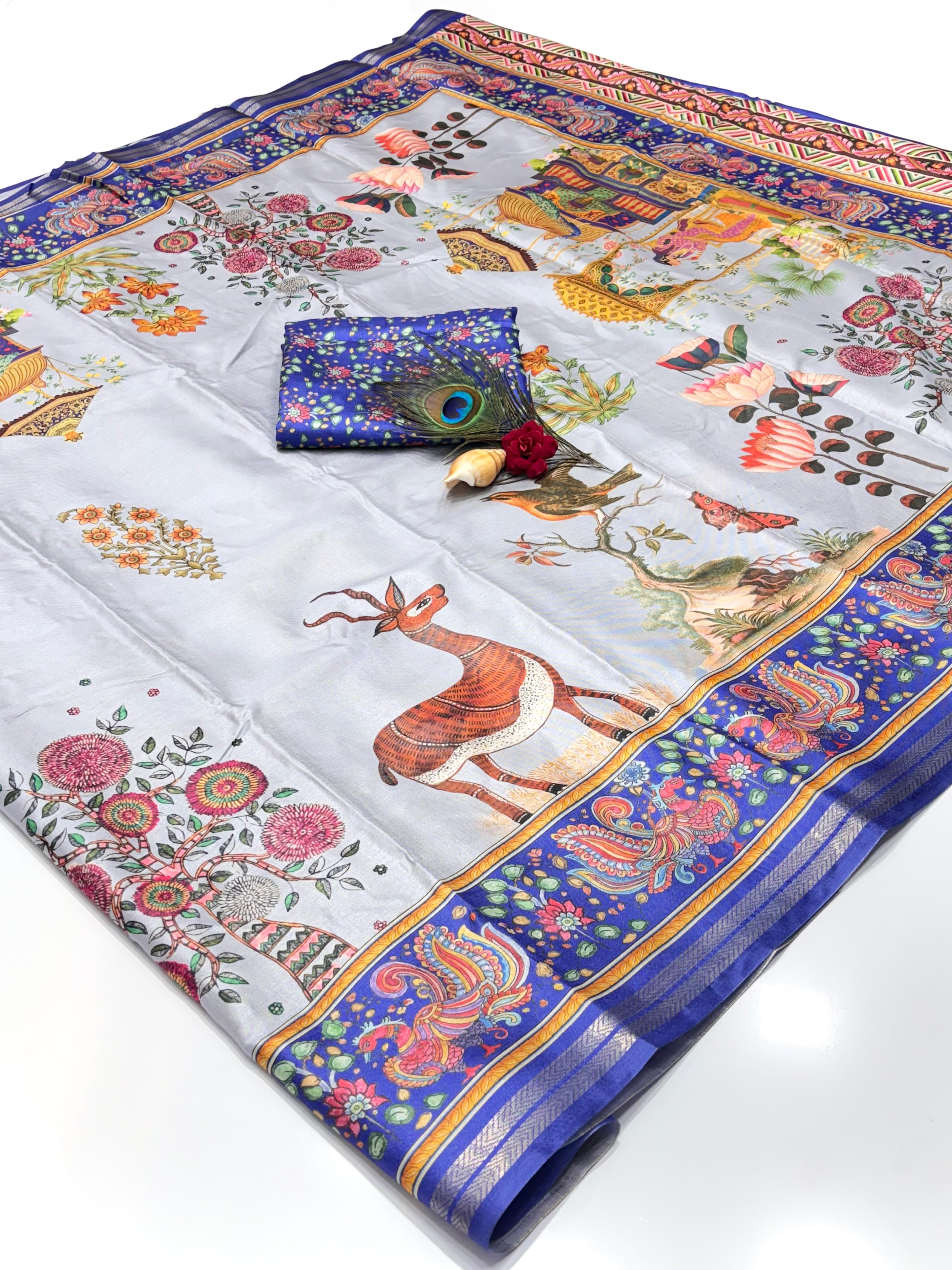 Blue Soft Tussar Silk Pattachitra Traditional Printed Zari Tussar Saree