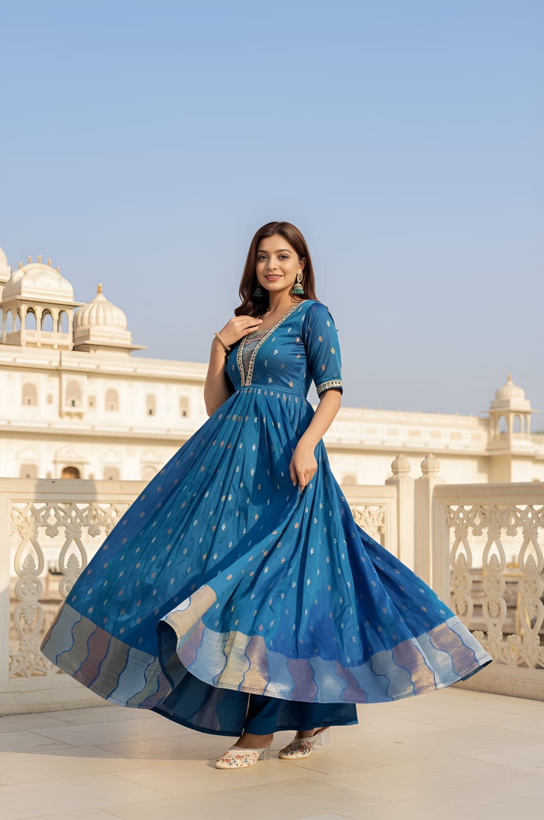 Blue Pure Craft Silk Blend Weaving Anarkali Gown