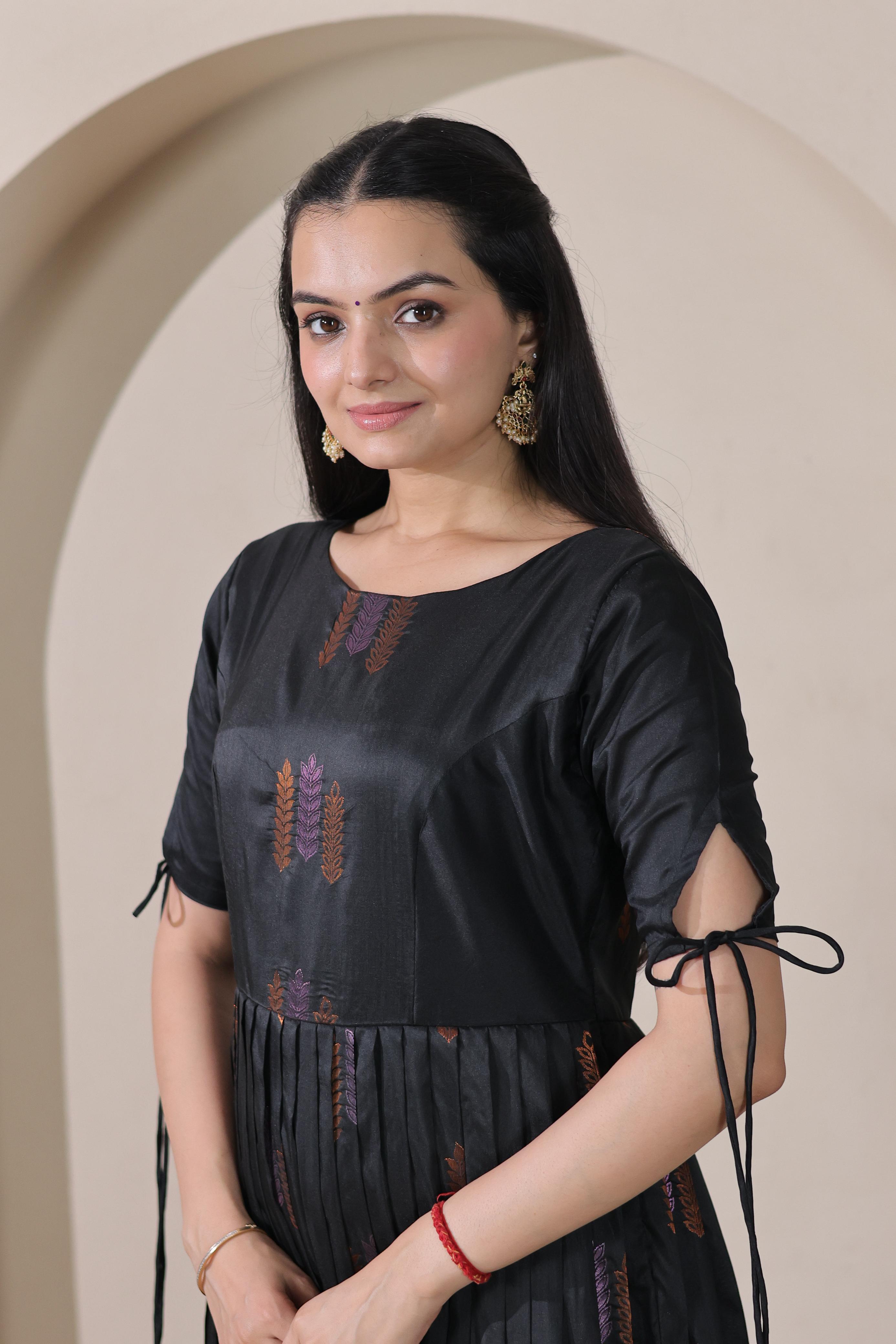 Black Pure Soft Silk Blend Weaving Anarkali Gown