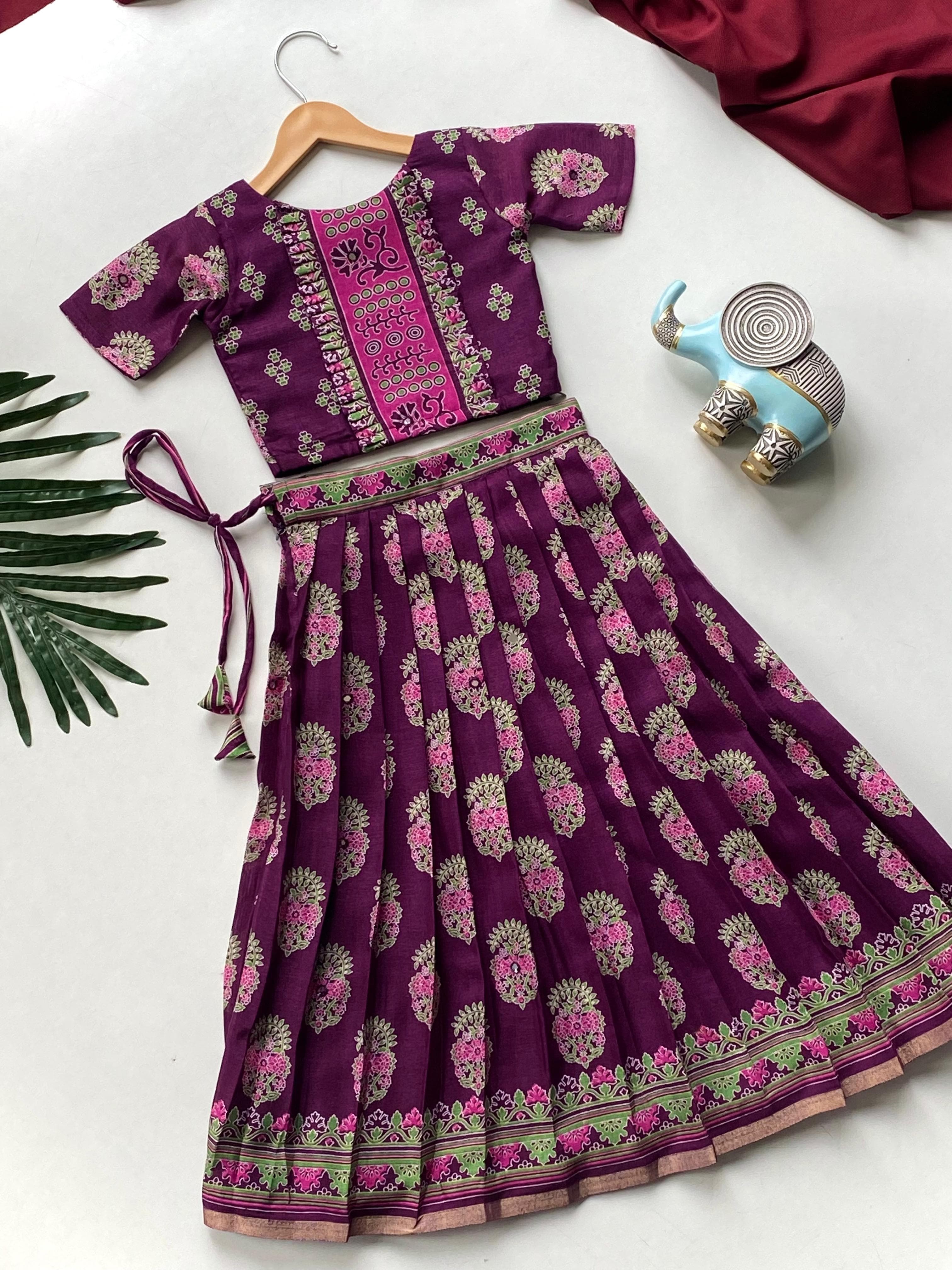 Purple Pure Silk Blend Kids Girl's Lehenga Choli