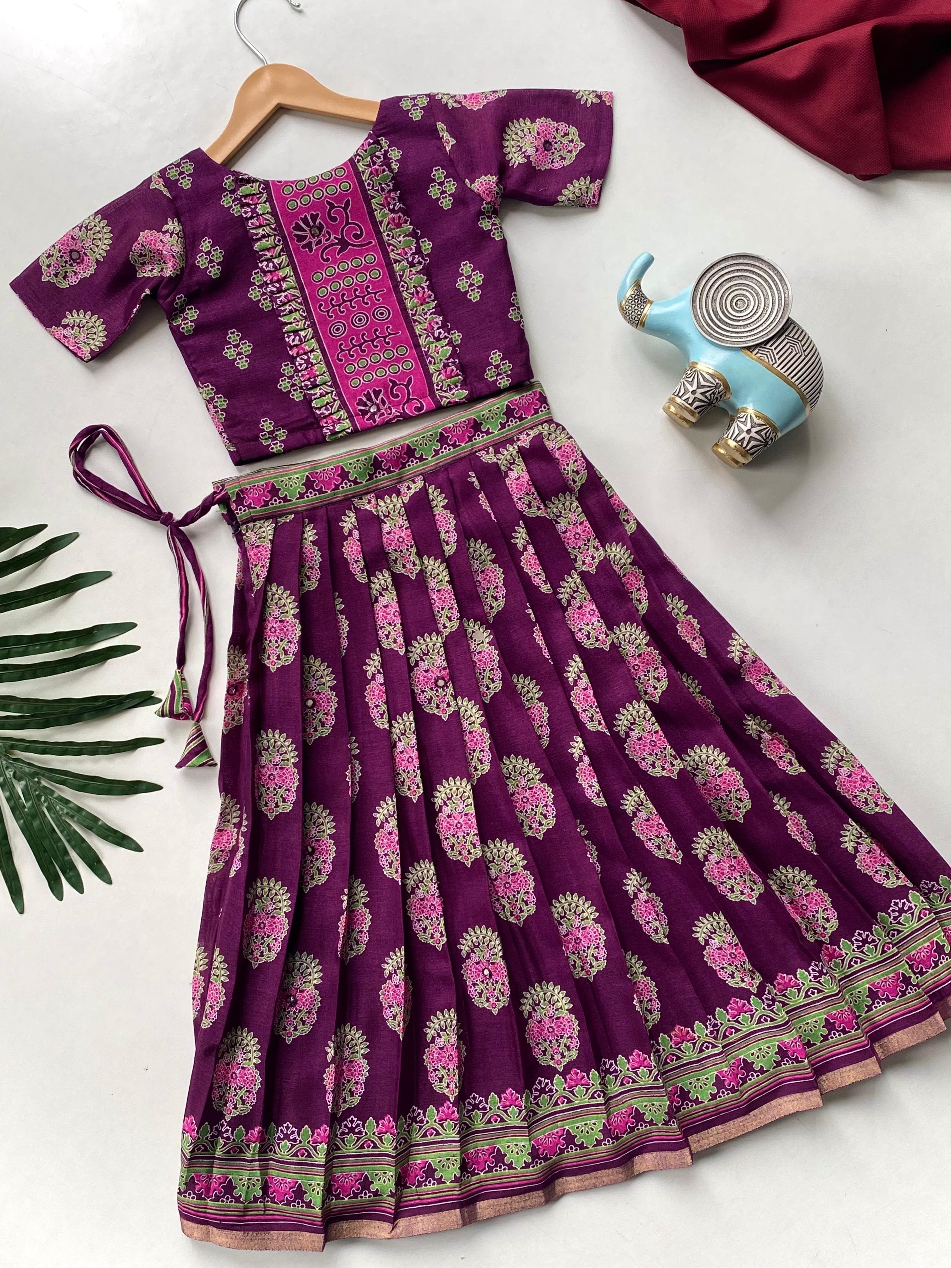 Purple Pure Silk Blend Kids Girl's Lehenga Choli