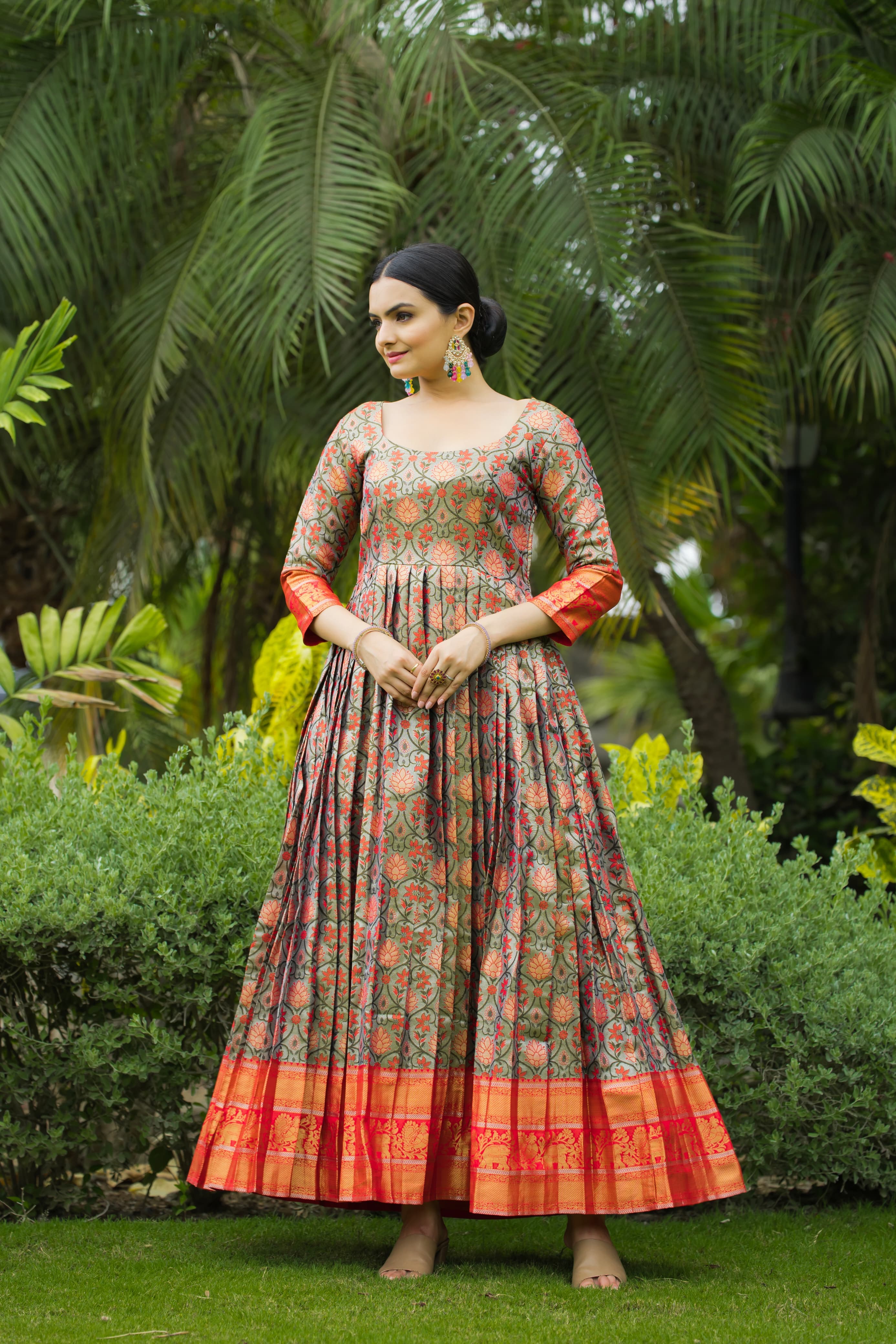 Green Orange Pure Semi Kanjivaram Blend Weaving Anarkali Gown