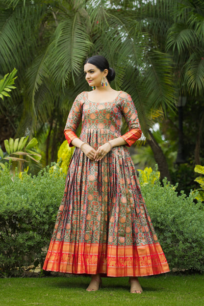 Green Orange Pure Semi Kanjivaram Blend Weaving Anarkali Gown Anarkali Gown Anant Tex Exports Pvt.Ltd..