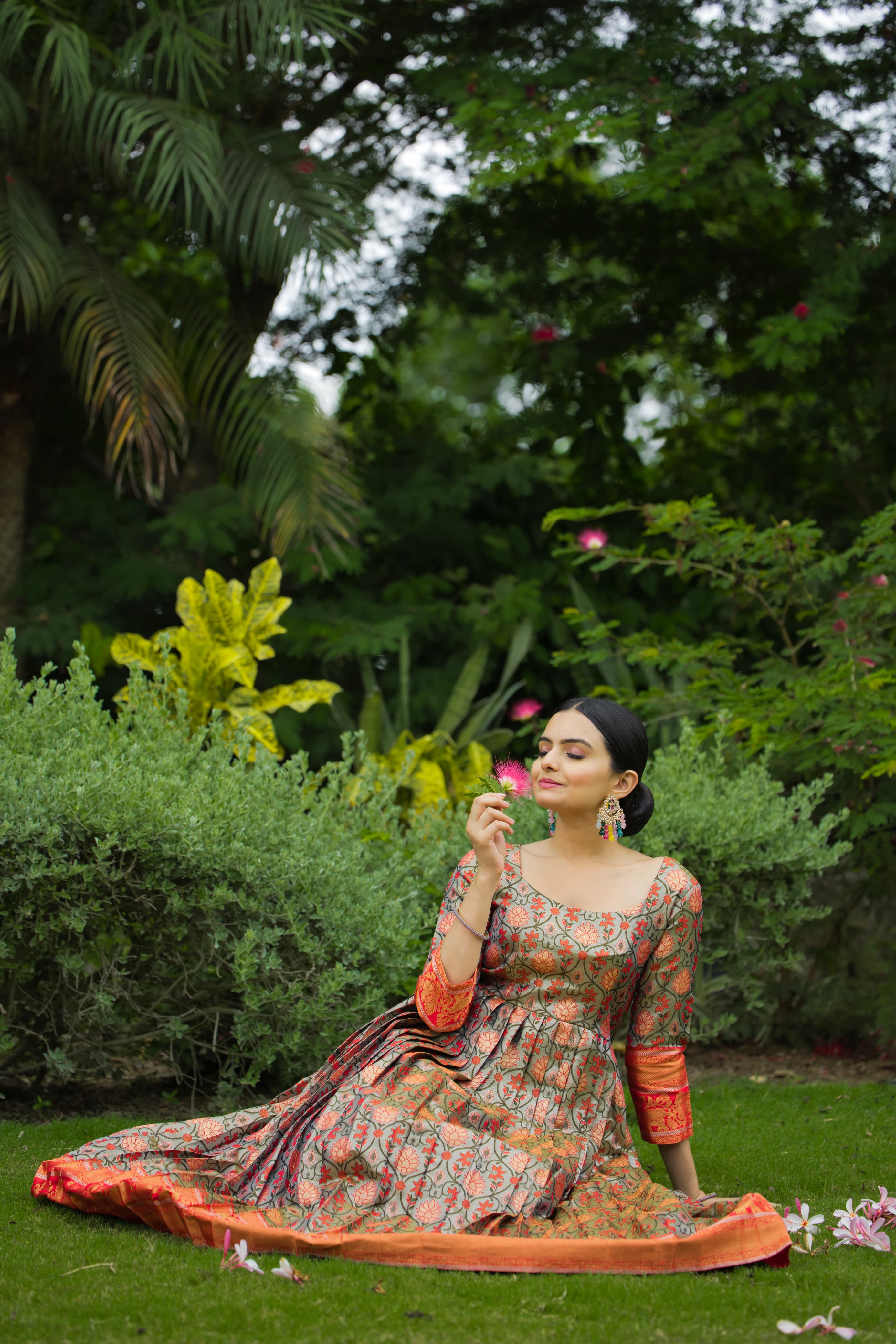 Green Orange Pure Semi Kanjivaram Blend Weaving Anarkali Gown