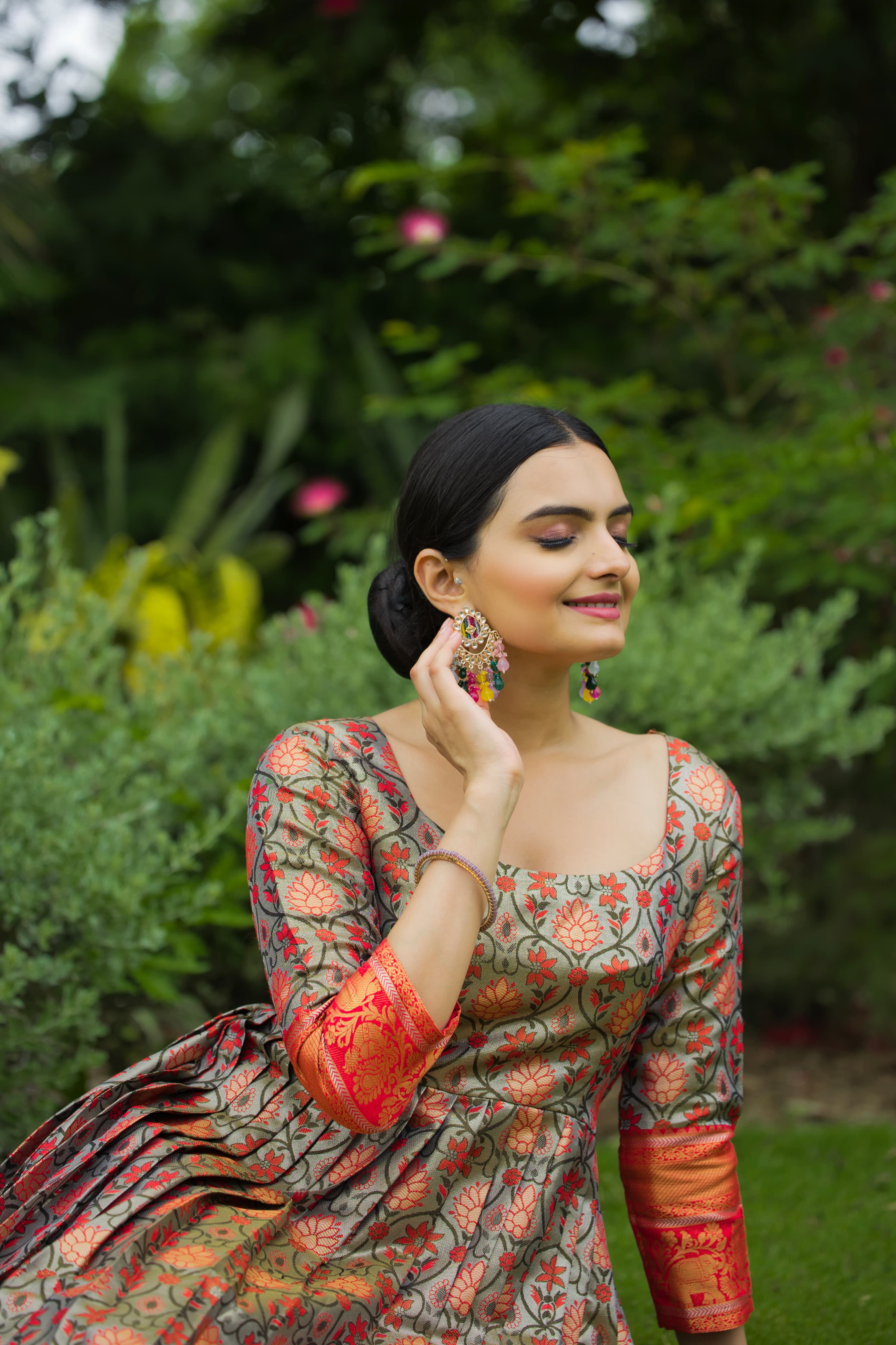 Green Orange Pure Semi Kanjivaram Blend Weaving Anarkali Gown