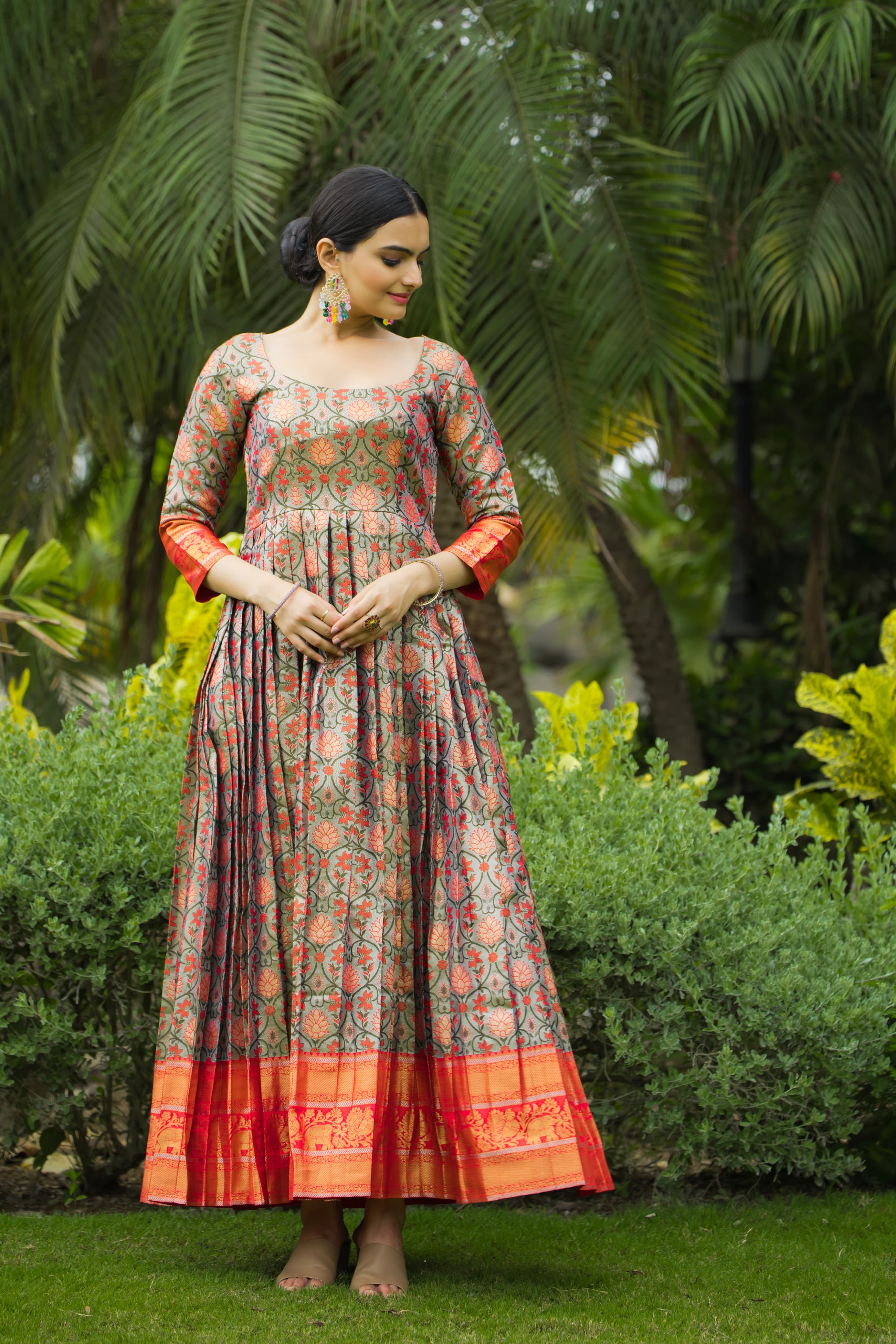 Green Orange Pure Semi Kanjivaram Blend Weaving Anarkali Gown