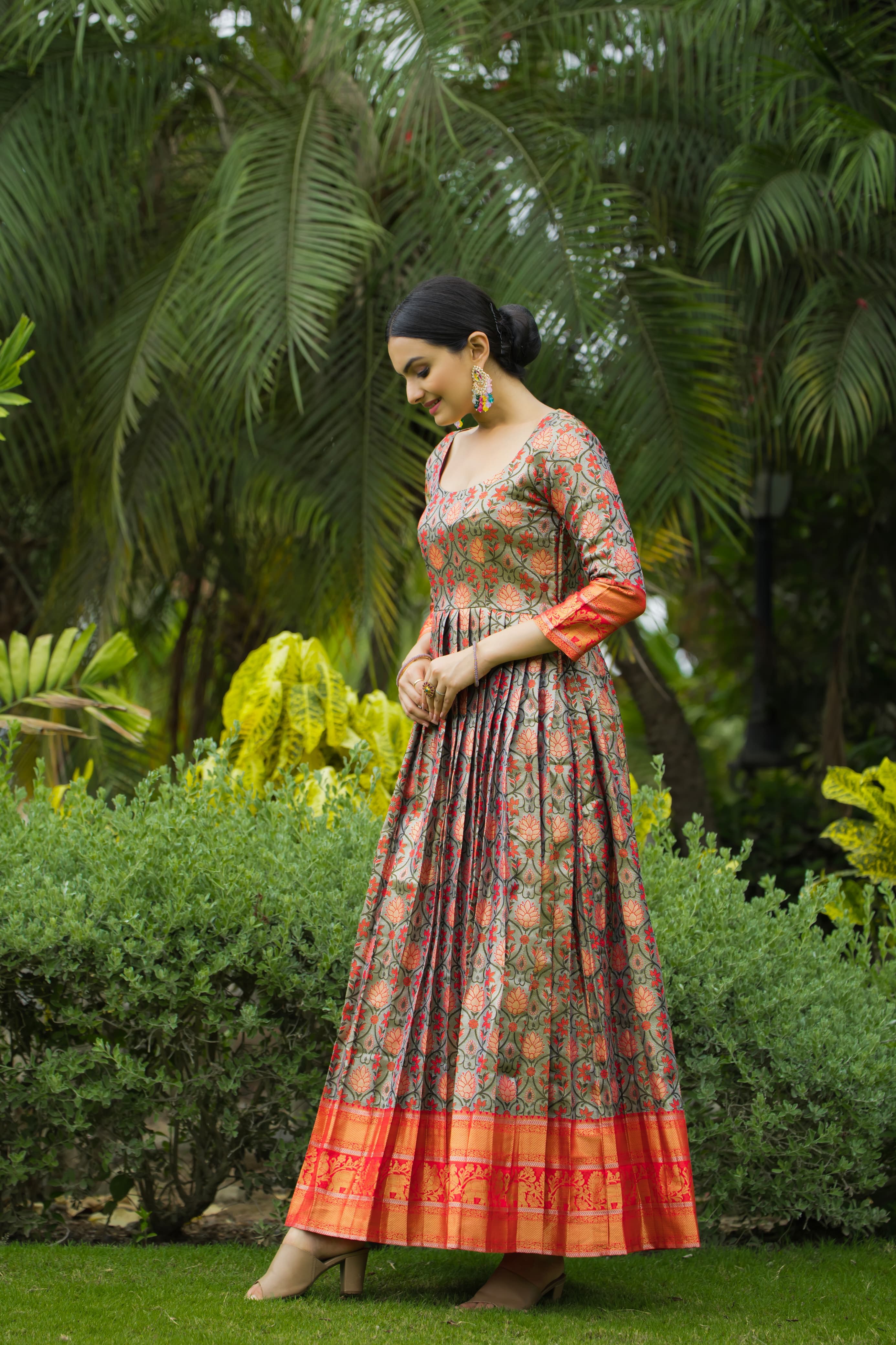 Green Orange Pure Semi Kanjivaram Blend Weaving Anarkali Gown
