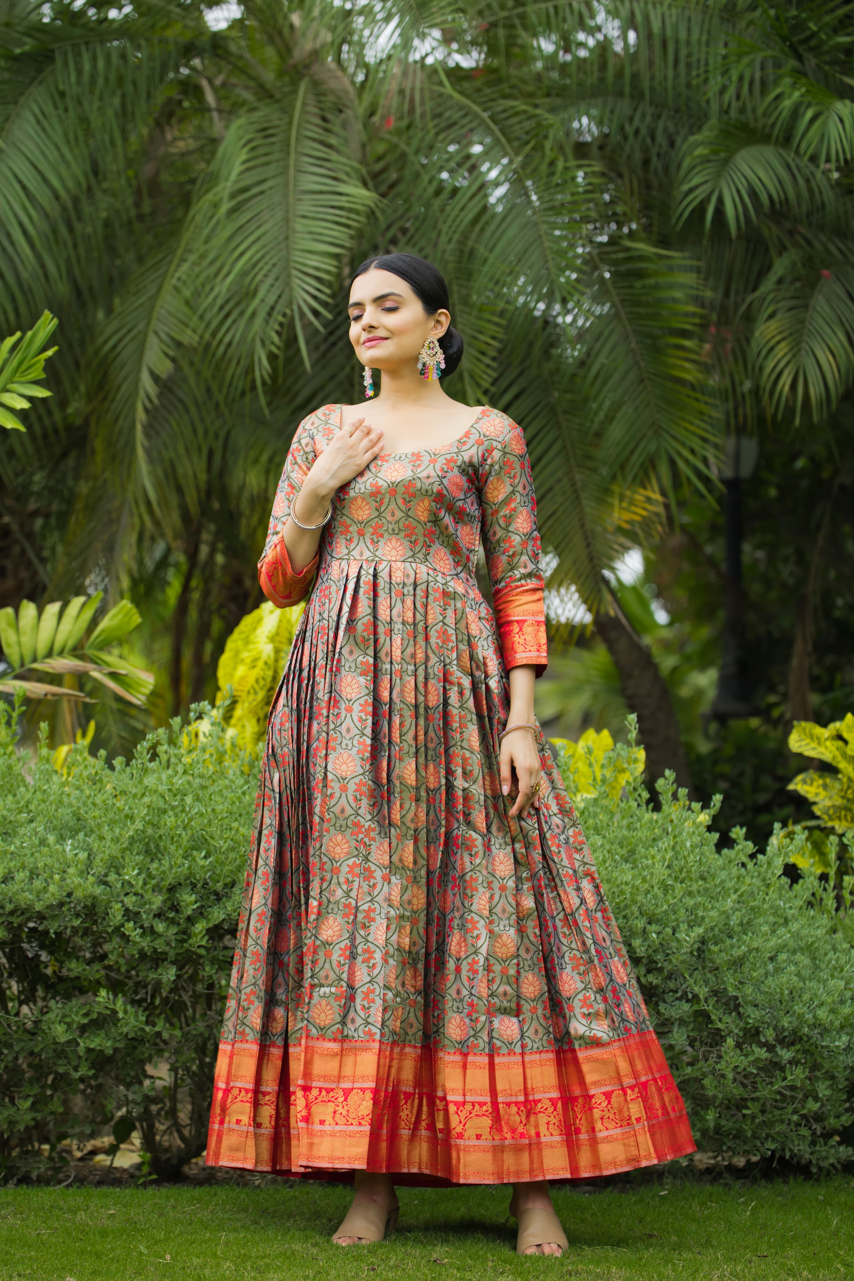 Green Orange Pure Semi Kanjivaram Blend Weaving Anarkali Gown