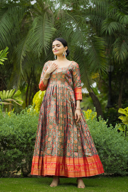 Green Orange Pure Semi Kanjivaram Blend Weaving Anarkali Gown Anarkali Gown Anant Tex Exports Pvt.Ltd..