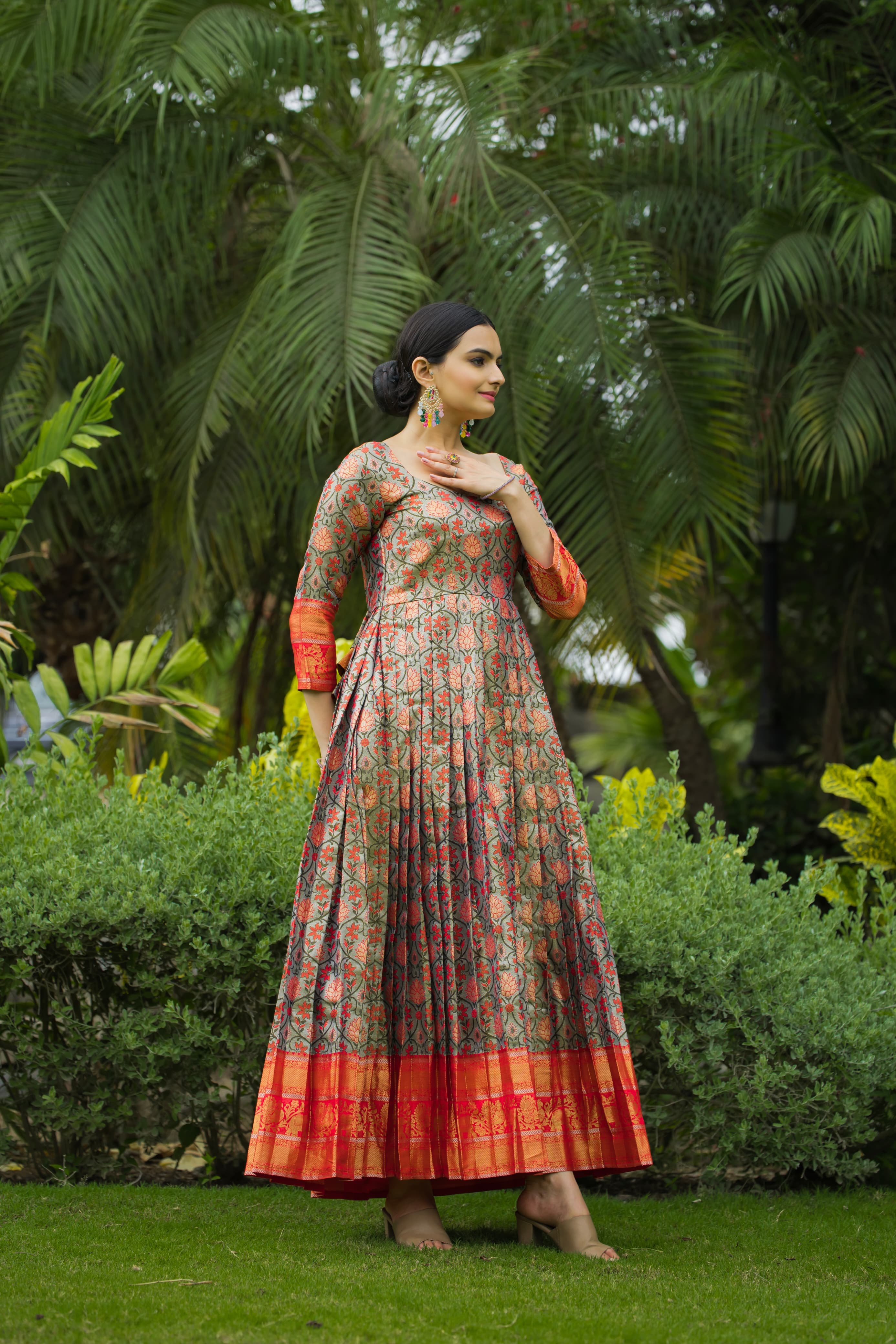 Green Orange Pure Semi Kanjivaram Blend Weaving Anarkali Gown