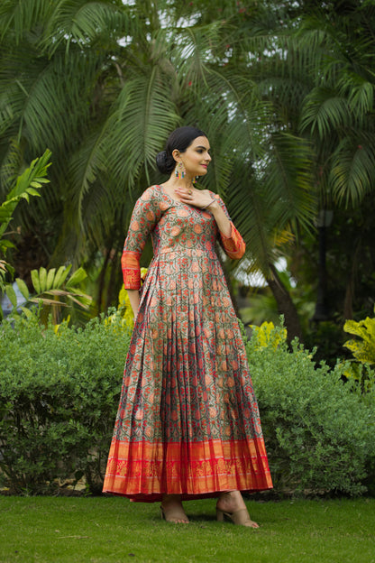 Green Orange Pure Semi Kanjivaram Blend Weaving Anarkali Gown Anarkali Gown Anant Tex Exports Pvt.Ltd..