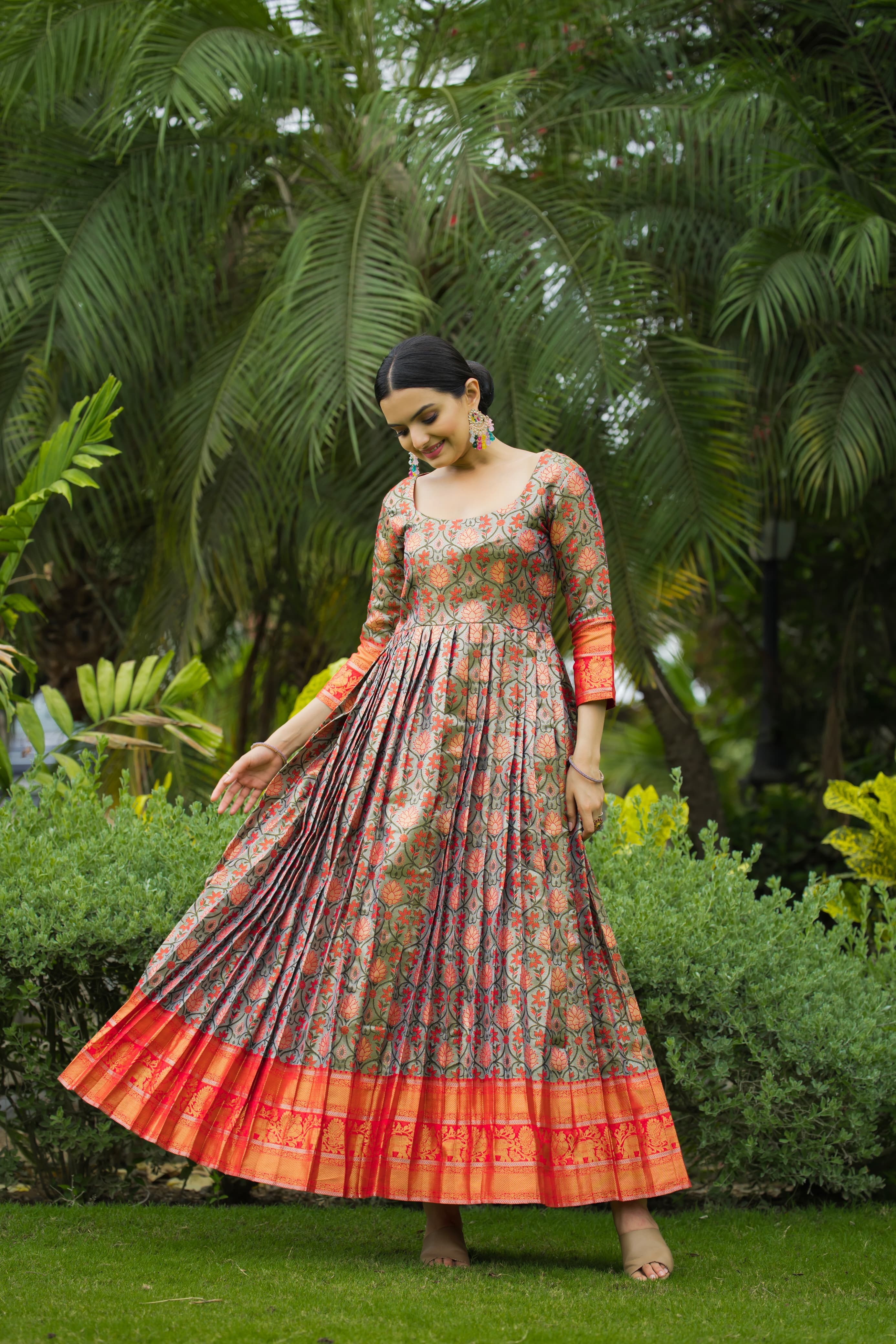 Green Orange Pure Semi Kanjivaram Blend Weaving Anarkali Gown