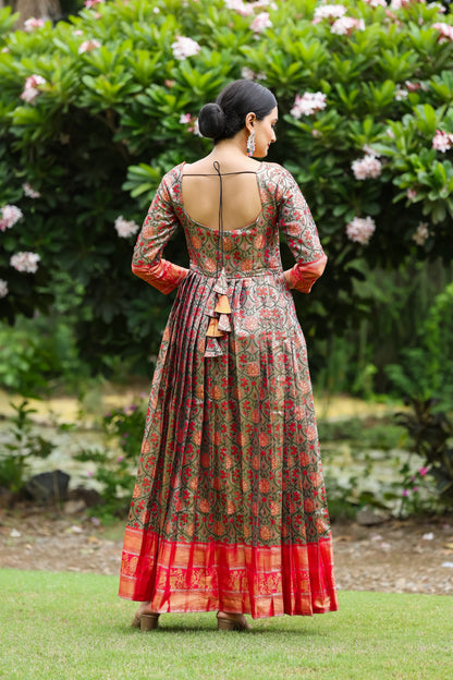 Green Orange Pure Semi Kanjivaram Blend Weaving Anarkali Gown Anarkali Gown Anant Tex Exports Pvt.Ltd..