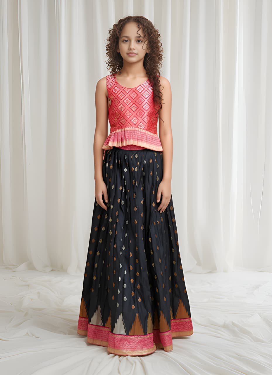 Black Pure Silk Blend Kids Girl's Lehenga Choli