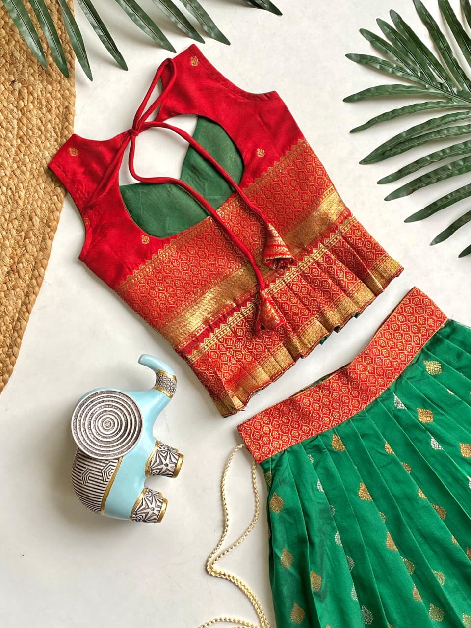 Green Pure Silk Blend Kids Girl's Lehenga Choli