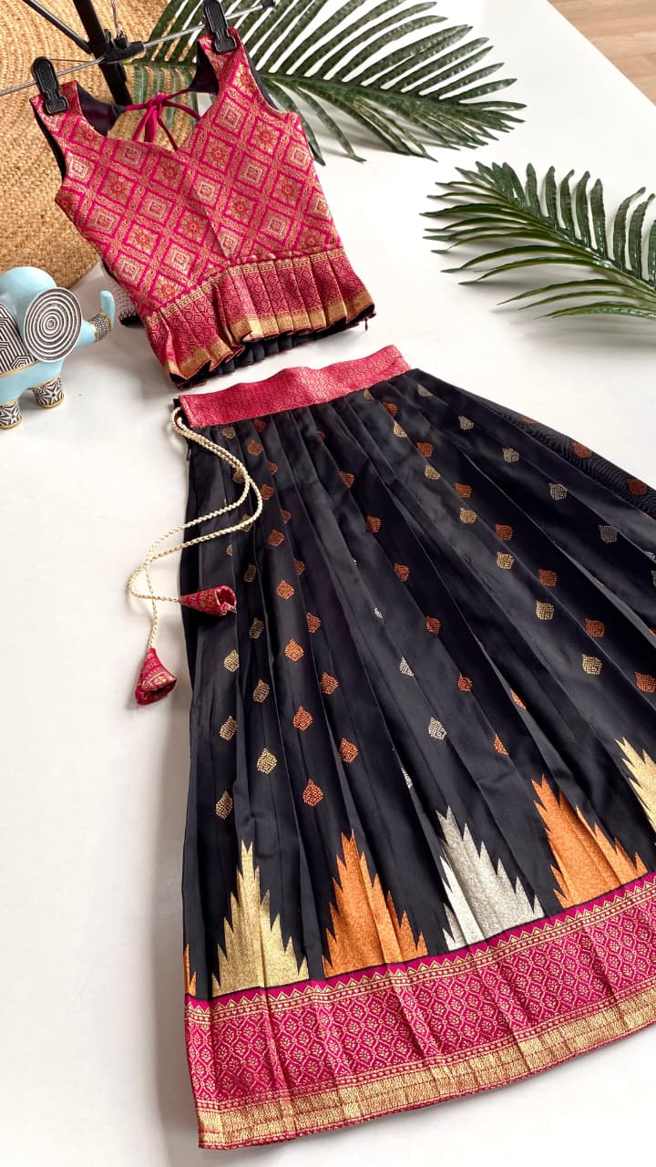Black Pure Silk Blend Kids Girl's Lehenga Choli