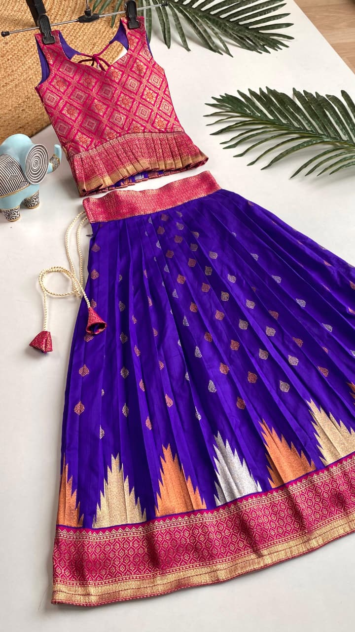 Blue Pure Silk Blend Kids Girl's Lehenga Choli