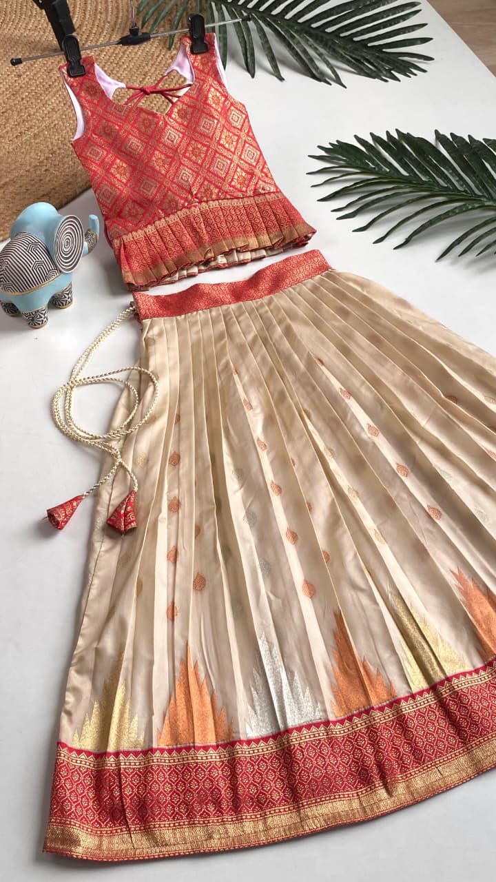 Cream Pure Silk Blend Kids Girl's Lehenga Choli