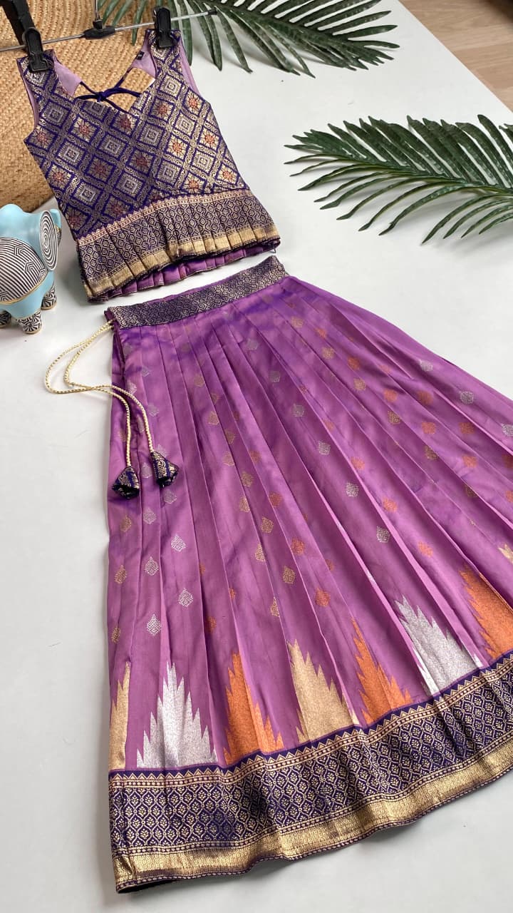 Purple Pure Silk Blend Kids Girl's Lehenga Choli