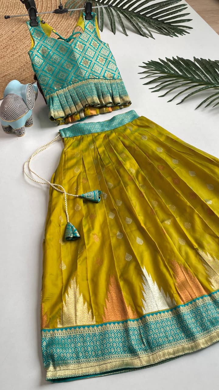 Mustard Pure Silk Blend Kids Girl's Lehenga Choli