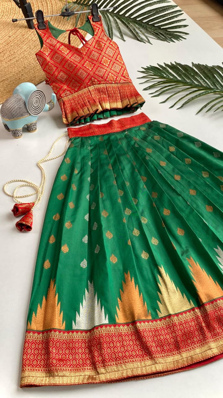 Green Pure Silk Blend Kids Girl's Lehenga Choli