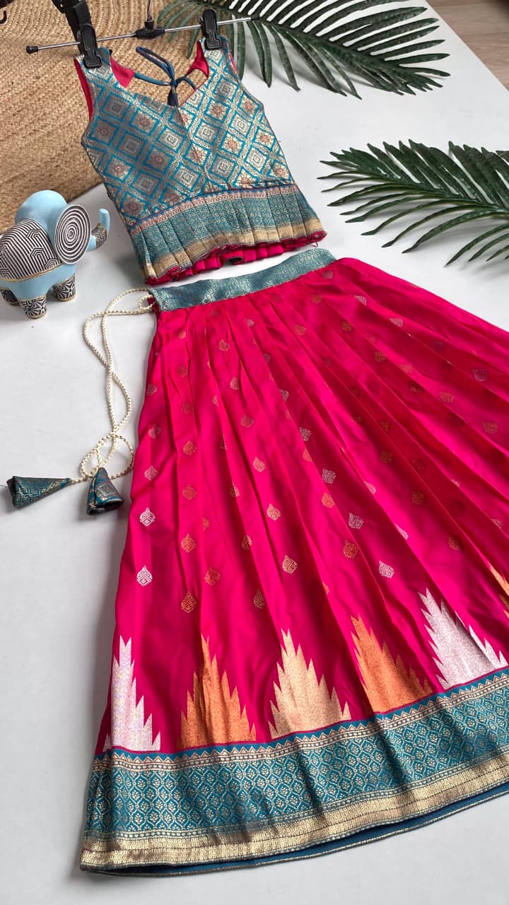 Red Pure Silk Blend Kids Girl's Lehenga Choli