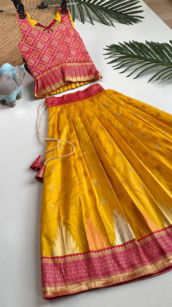 Yellow Pure Silk Blend Kids Girl's Lehenga Choli