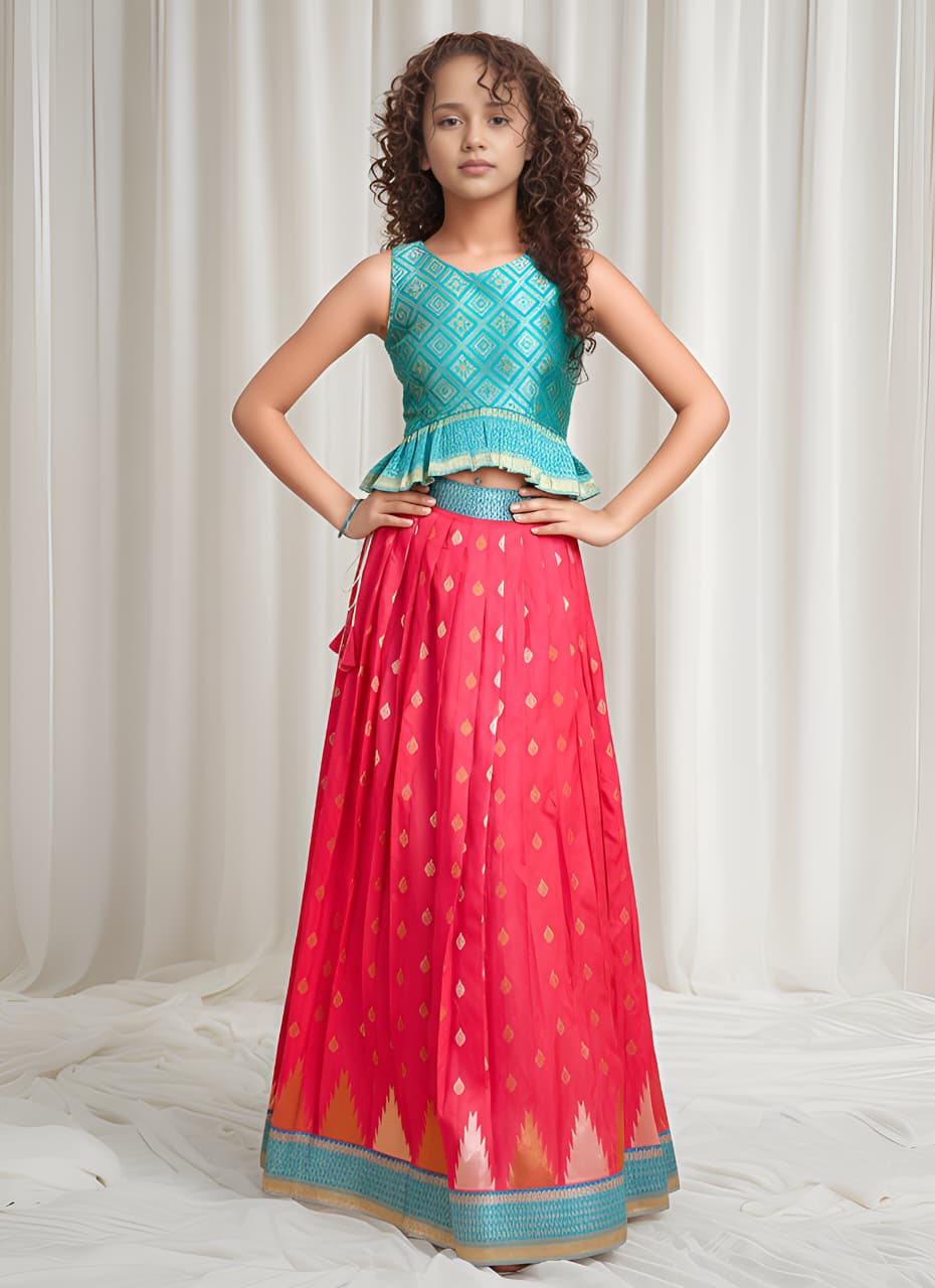 Red Pure Silk Blend Kids Girl's Lehenga Choli