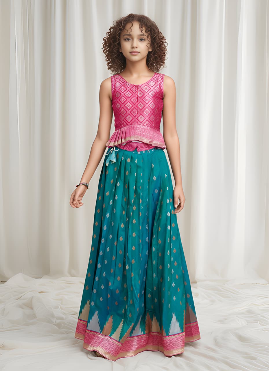 Ramar Green Pure Silk Blend Kids Girl's Lehenga Choli