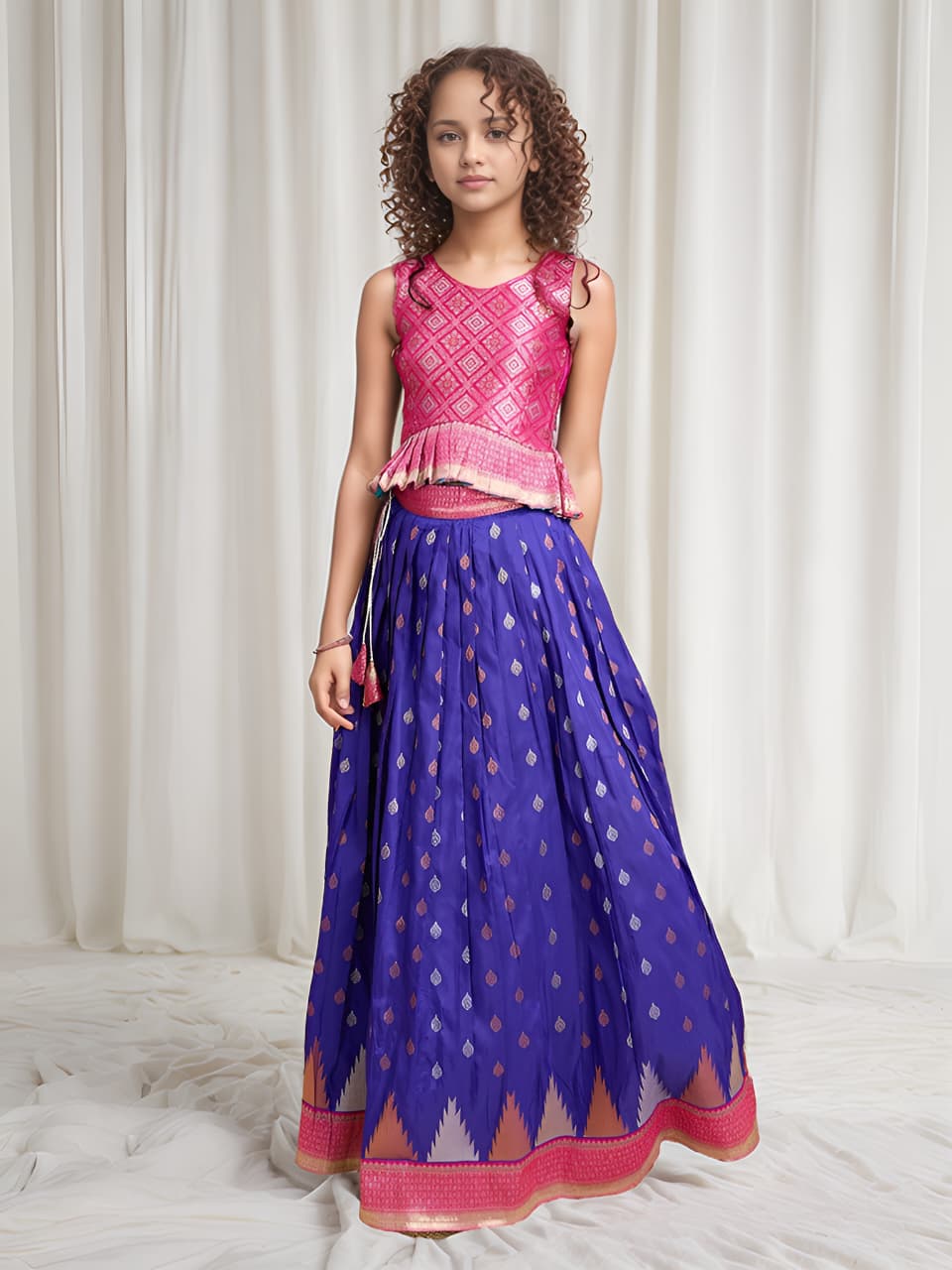 Blue Pure Silk Blend Kids Girl's Lehenga Choli