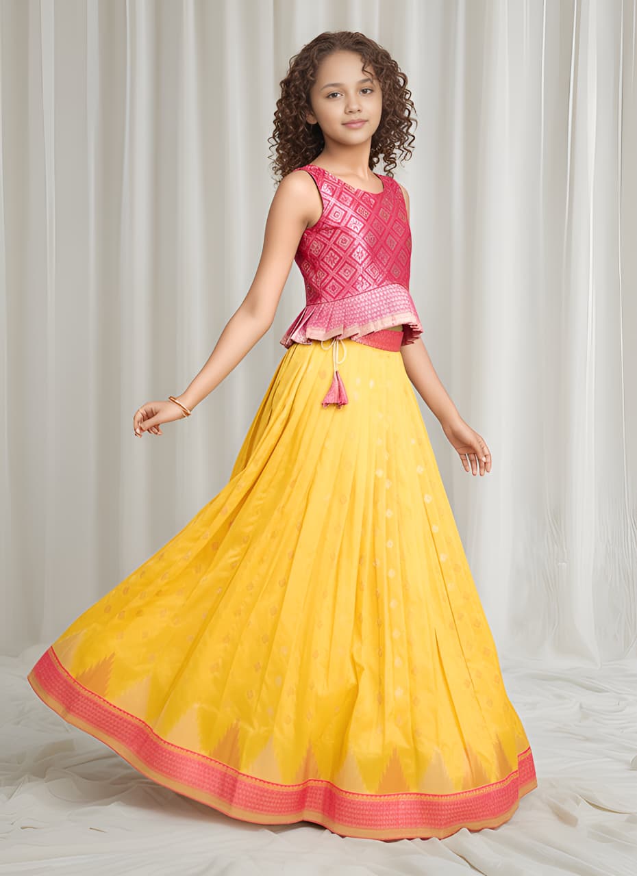 Yellow Pure Silk Blend Kids Girl's Lehenga Choli