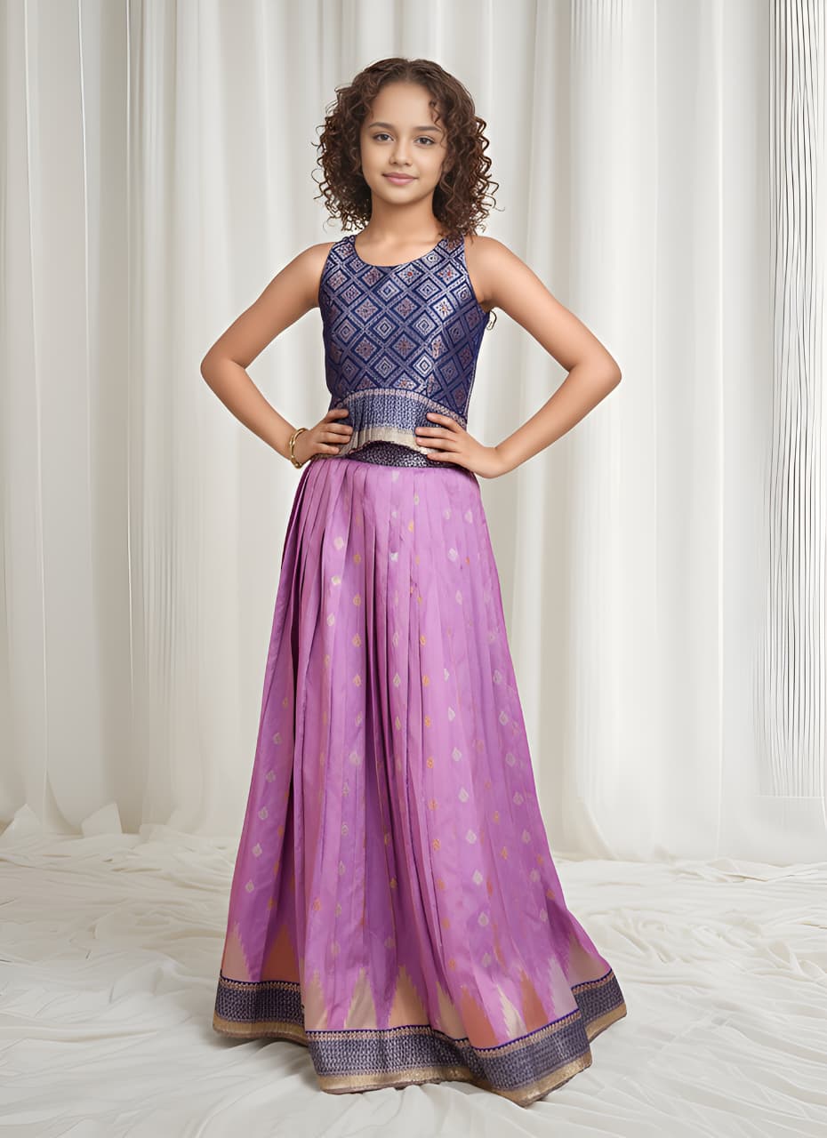 Purple Pure Silk Blend Kids Girl's Lehenga Choli