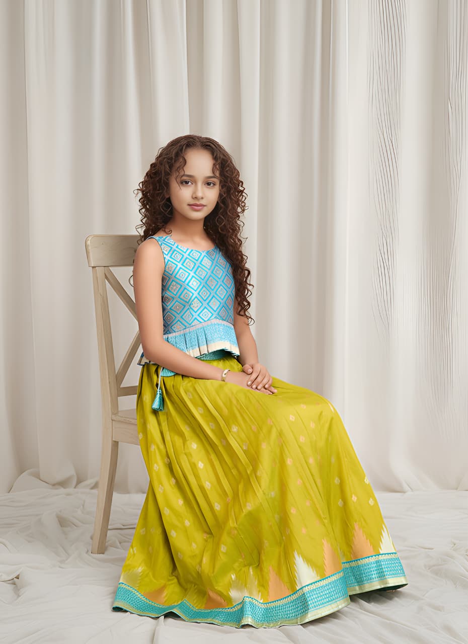 Mustard Pure Silk Blend Kids Girl's Lehenga Choli